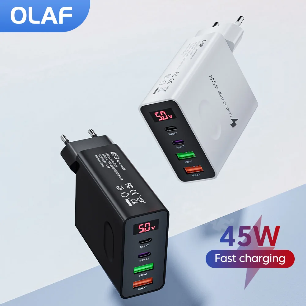 

Olaf 45W PD Quick Charge 3.0 USB Type C Charger Fast Mobile Phone Charger 4 Ports Wall Adapter For iPhone Samsung Xiaomi