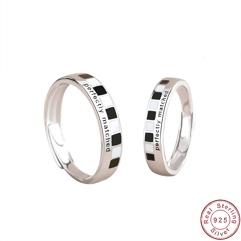

European S925 Sterling Silver Couple Open Ring Simple Letter Checkerboard For Women Birthday Jewelry Gift