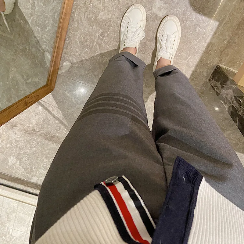 TB Pants Women's Trendy Korean High-waisted Straight-leg Striped Cropped Pants Loose and Thin Gray Small-footed Pipe Pants