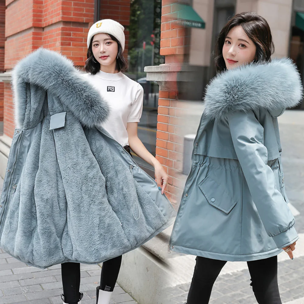 2022 New Winter Jacket Women's Parkas Hooded Coat Casual Long Fur Lining Cotton Padded Warm Female Jacket Outwear