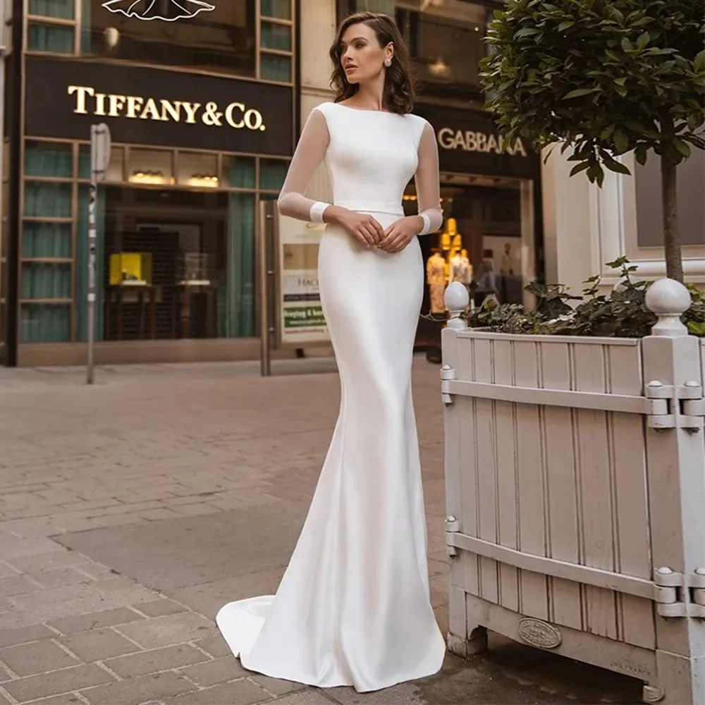 

Newest Elegant Wedding Dresses Open Back Boat Neck Mermaid Satin Long Sleeves Bride Gown for Woman Bridal Robe Vestido De Novia