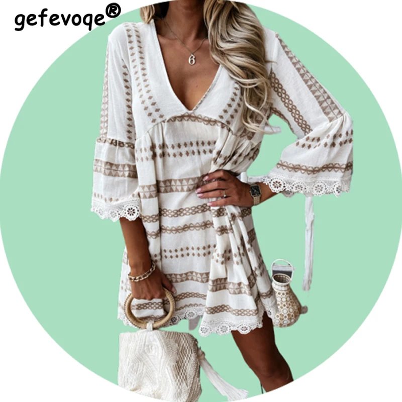 

Bohemian Ruffles Short Sleeve Striped Beach Dresses For Women 2022 Summer Female Clothing Casual Vintage Loose Vacation Dresses