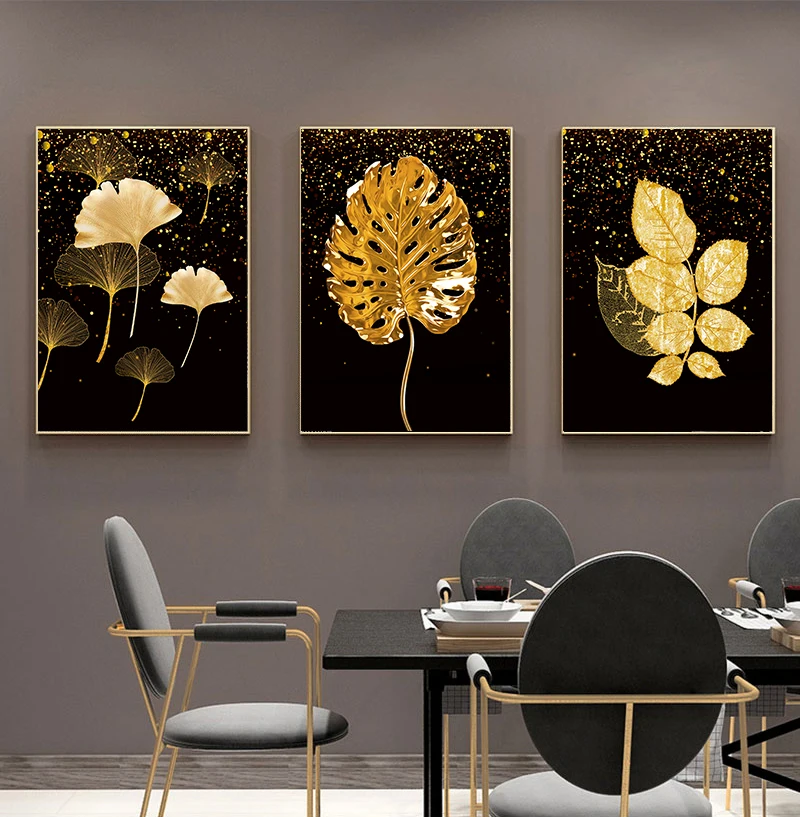 

Абстрактная Картина на холсте листьев гинкго, Черное золото, настенный художественный постер и печать, Современная гостиная, домашний Настенный декор