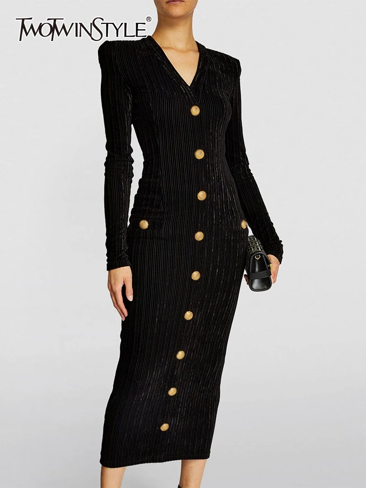 

TWOTWINSTYLE Solid Velvet Dresses For Women V Neck Long Sleeve Patchwork Single Breasted Slimming Temperament Dress Female Style