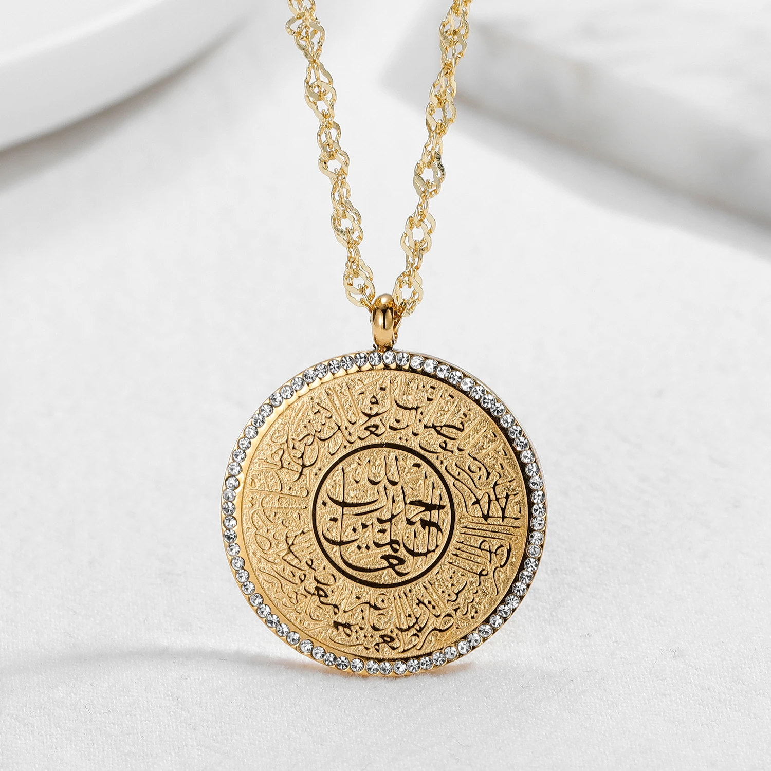 Женское Ожерелье-медальон STRASS-AL FATIHA, круглые кристаллы, мусульманское ожерелье из нержавеющей стали, позолоченный арабский кулон 18K, подарок для женщин