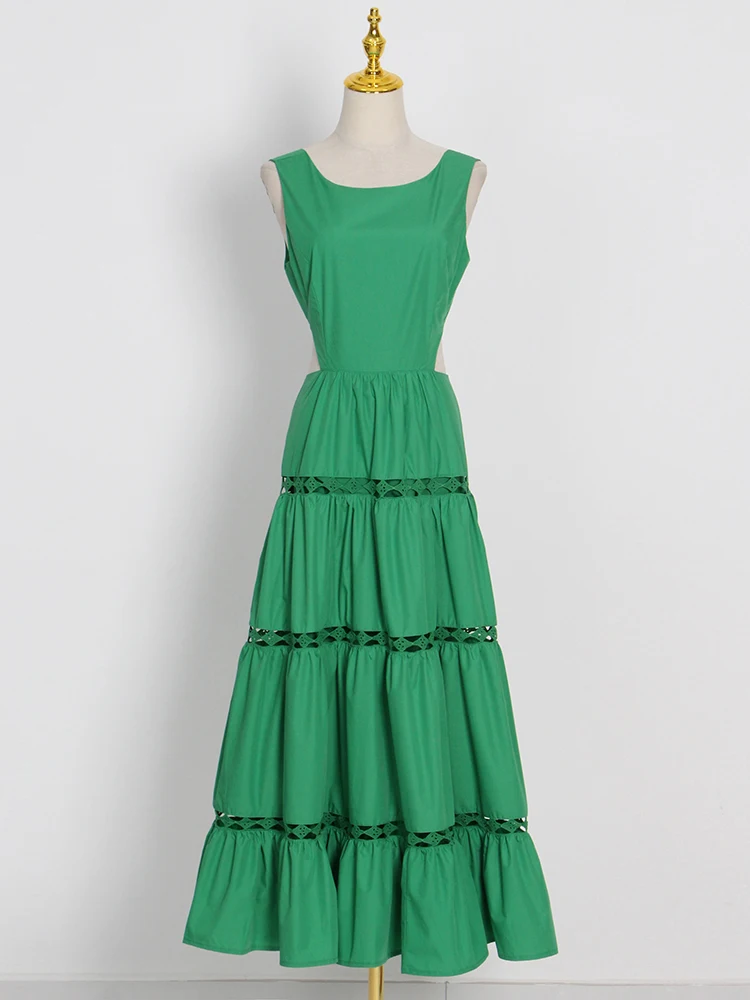 

Green Color Women Casual Ball Gown Dress Summer Sleeveless Hollow Out Fold Pleated Dresses Clothes