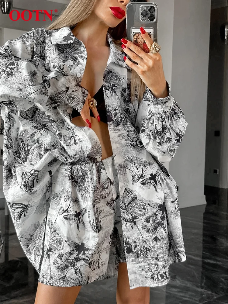 OOTN модные серые шорты с принтом женские 2024 летние свободные рубашки длинным