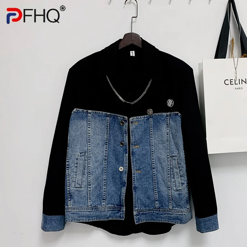 

PFHQ Autumn Men's Chic Splicing Denim Blazer Ins Loose Handsome Versatile High Quality Motorcycle Personality Suit Coat 21Z1352