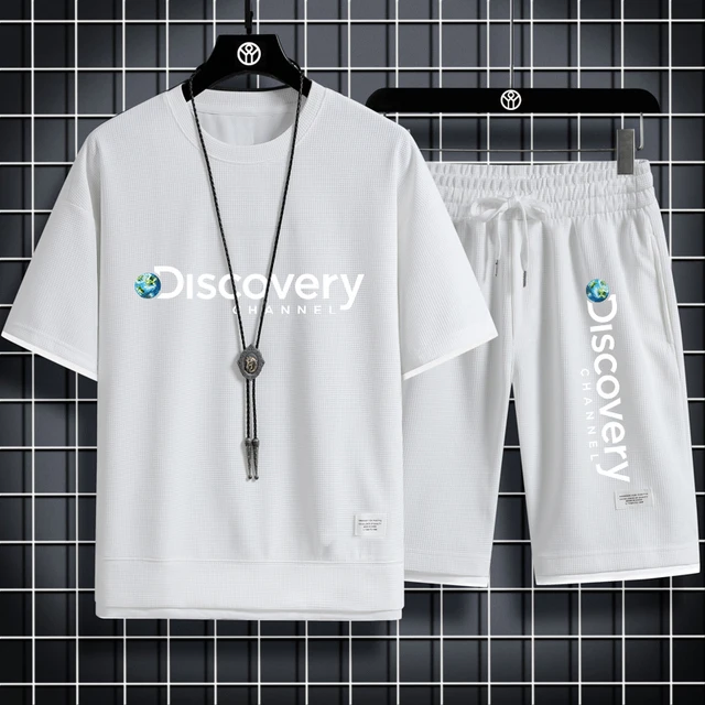 

Summer DIscovery Men's Two Piece Set Linen Fabric Casual T-Shirt and Shorts Set Mens Sports Suit Fashion Short Sleeve Tracksuit