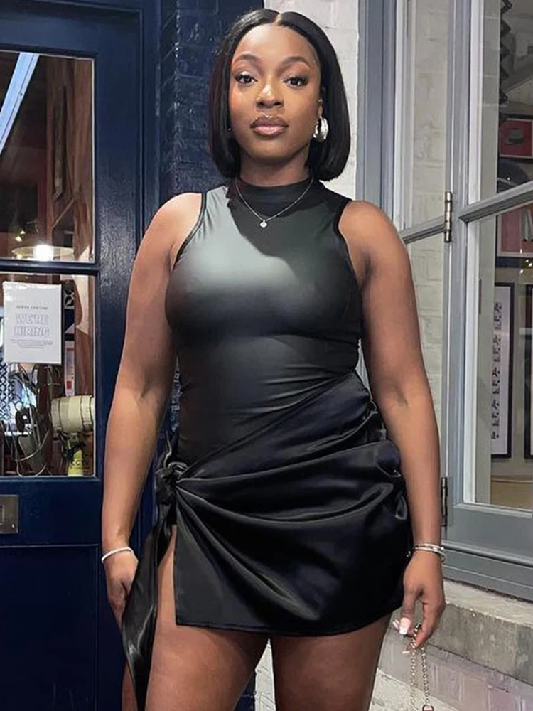 

Women Fashion PU Leather Mini Dress With Skirt Ruched Lace Up Sleeveless Bodycon Party Clubwear Female Outfits