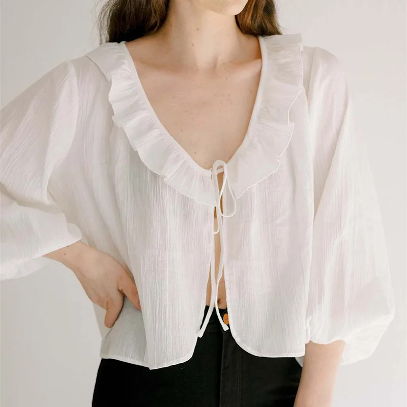 

Elegant Tops For Women Full Sleeves Woman Tshirt Latern Sleeve Tees Harajuku Shirt Streetwear Tops Look Through Beach Clothes