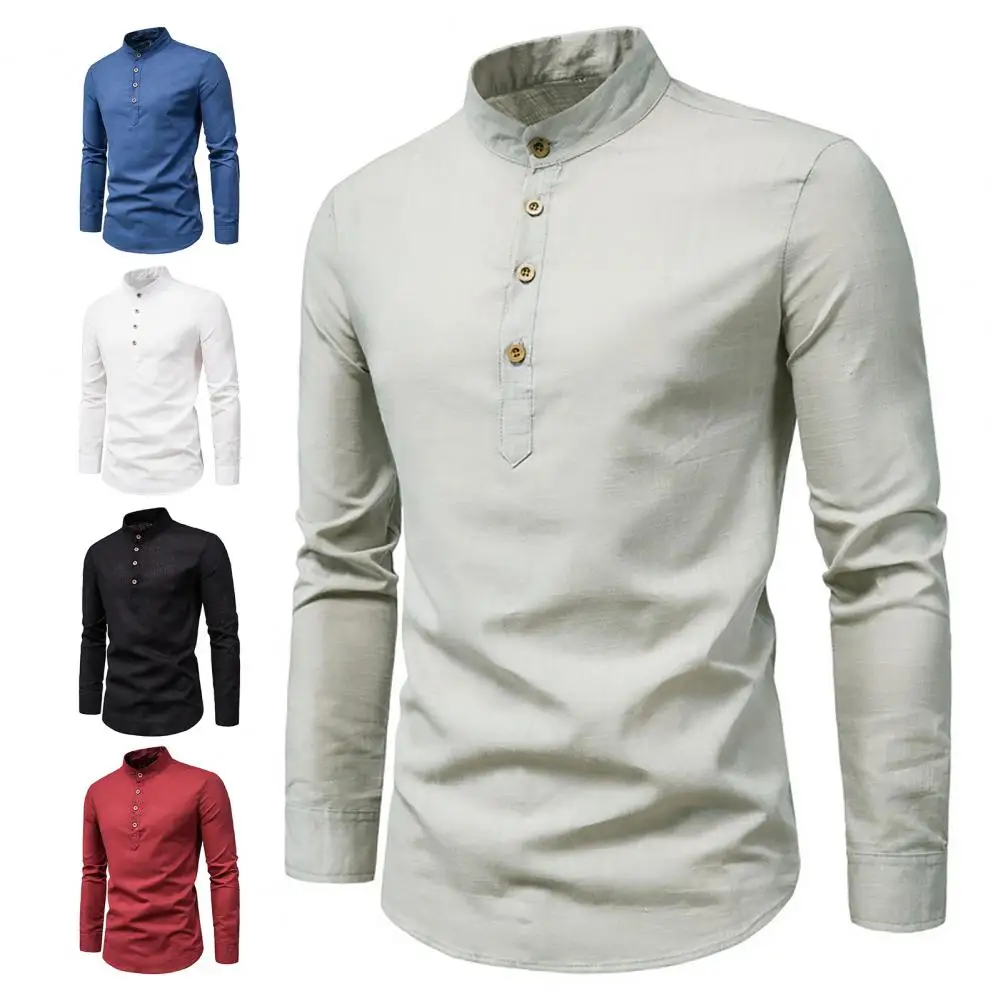 

Простая Осенняя рубашка, дышащая Осенняя рубашка с воротником-стойкой, Облегающая рубашка с защитой от морщин для деловых встреч