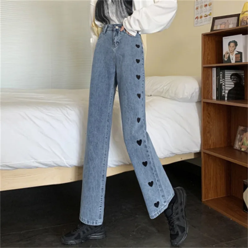 Vintage Y2K Baggy New Jeans Love Embroidery Women's Blue Casual Straight Leg Streetwear 90s Wide Leg Pants Denim