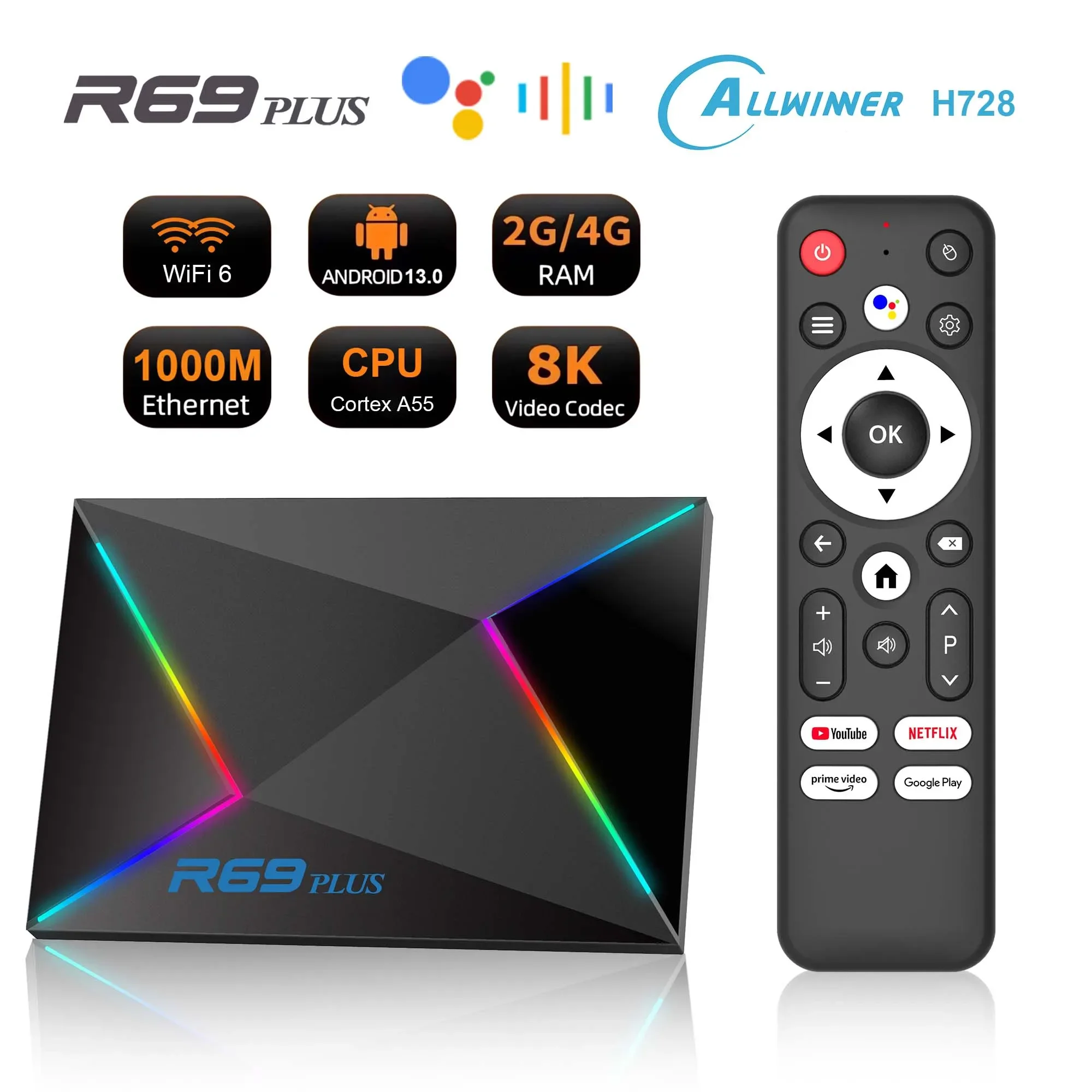 Smart TV Box Android 14 R69 Plus Allwinner H728 Google Voice Cortex A53 1000M Поддержка 8K Dolby UHD WiFi 6 BT5 Streaming