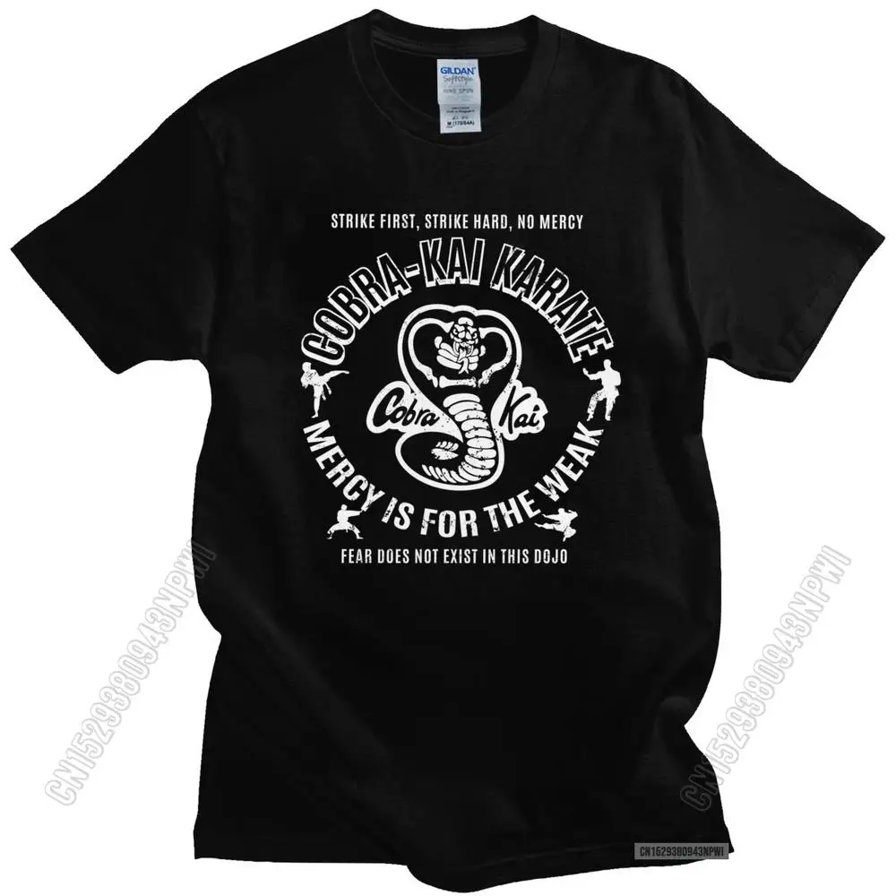 

Retro Cobra Kai T-Shirt Mens O-Neck 100% Cotton Tee Tops Leisure 80s TV Karate Kid Mercy Is For The Weak Shirt Streetwear