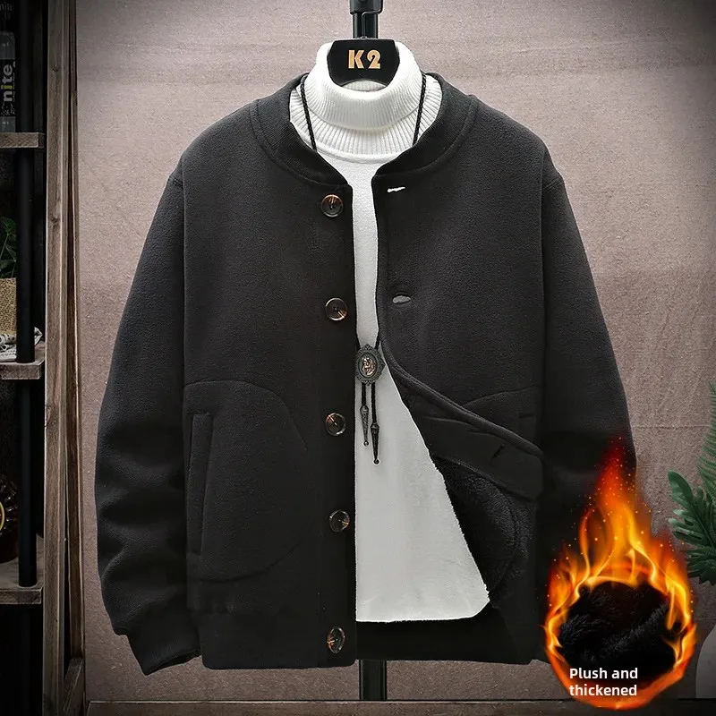 Wholesale Men's Fleece-Lined and Thickened Round Neck Cardigan Sweatshirt Autumn Winter Fleece Jacket Casual Loose Top Outerwear