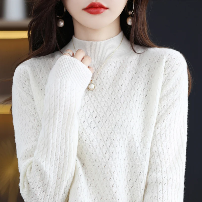 

Свитер из чистой шерсти с воротником средней высоты, женское вязаное полупальто из витой ткани, модный шерстяной свитер для снижения возраста