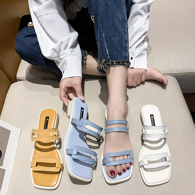 

Low Square heel Shoes Woman 2022 Med Female Slippers Heeled Mules Luxury Slides Block New High Designer Rubber PU Rome Toe Hoof