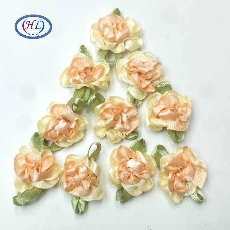 

HL 30pcs peach color ribbon flowers with leaf handmade apparel sewing appliques DIY accessories A579