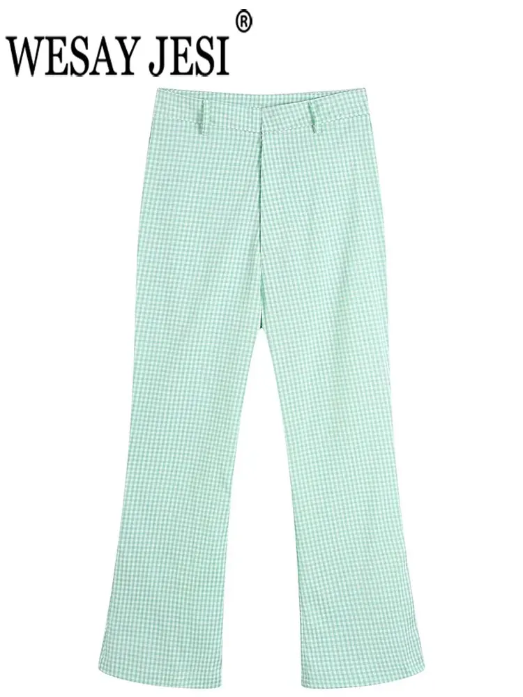 

Летние модные облегающие Женские брюки WESAY JESI с клетчатым принтом, популярные модные повседневные женские расклешенные брюки для вечеринки...