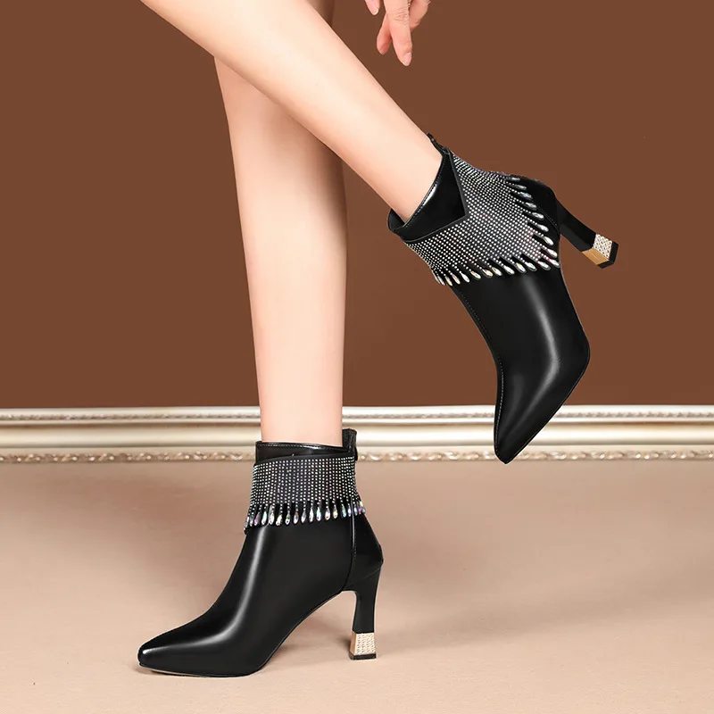 Fringed High-heeled Boots Women's New Pointed Toe and Diamond-set New Fashion Short Leather Boots for Autumn and Winter