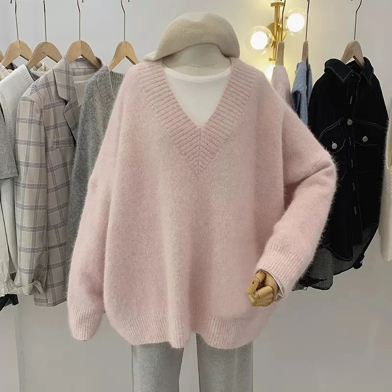 

2023 розовые свитера женская одежда осенне-весенние пуловеры корейские свободные мягкие восковые вязаные свитеры с V-образным вырезом куртки...