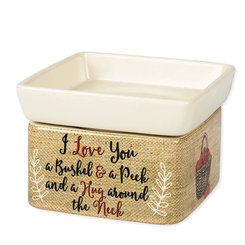 

I Love You A Bushel And A Peck Burlap Pattern Apples Stoneware 2 in 1 Jar Candle and Wax Tart Oil Warmer