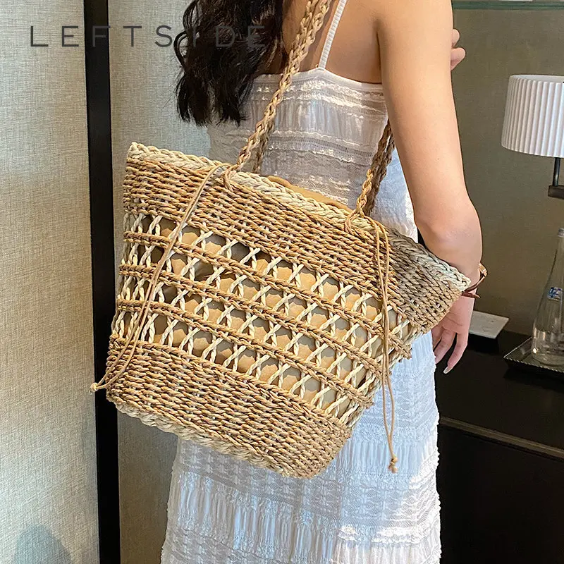 

LEFTSIDE Design 2023 Summer Women Weave Straw Tote Bag New In Travel Beach Bags Handmade Lady Rattan Shoulder Side Handbags