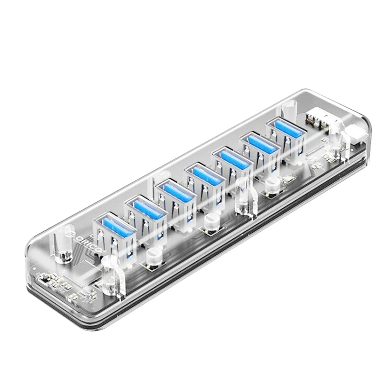 

ORICO Transparent Series USB HUB 7 Port USB 3.0 Splitter with Dual Power Supply Port for Desktop Laptop Computer Accessories