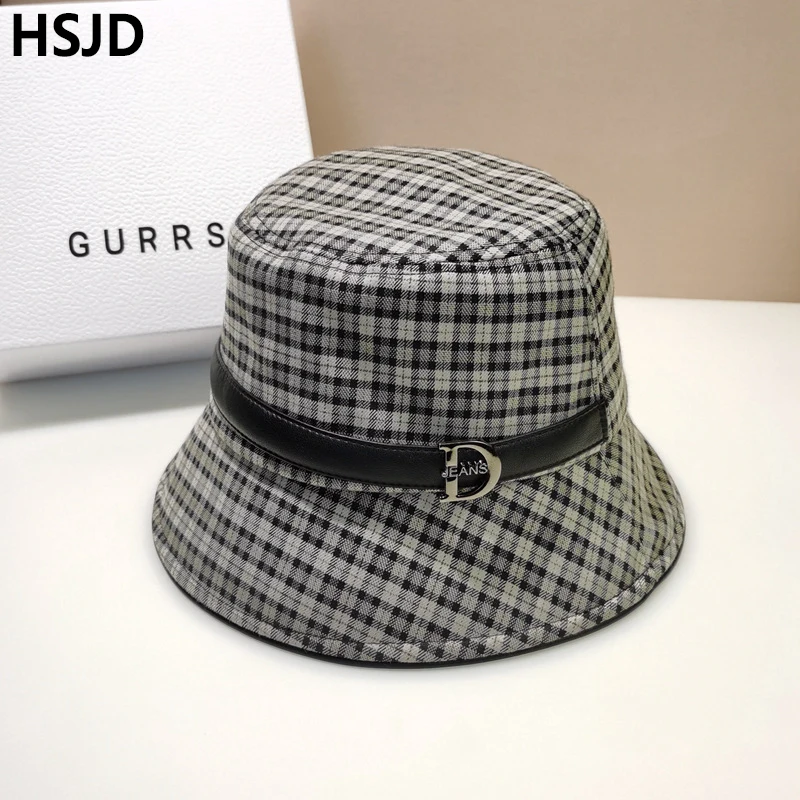 

Spring Autumn Fashion Plaid Bucket Hat Women's Pu Leather Belt Small Brim Fisherman Hats Vintage Lattice Female Warm Wool Cap