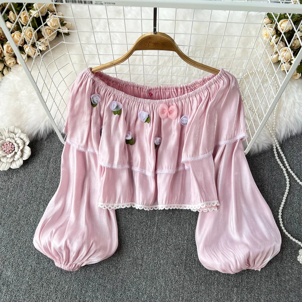 

Autumn Three-dimensional Flower One-word Neck Off-shoulder Ruffled High-waisted Short Loose Lantern Sleeve Top