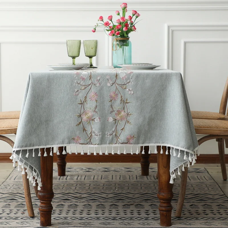 Junwell Spring Flower Embroidery Tablecloth Vintage Burlap Rectangle Table Topper Pink For Dining Room  Wedding Party Decoration