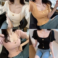 spring and summer ice silk short top knitted short sleeve t shirt womens neck ruffle high waist exposed navel thin french shirt