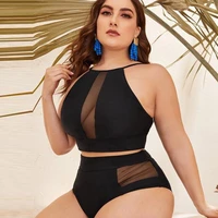 2022 woman swimwear new high waist mesh splicing solid large size fat womens split bikini swimsuit sexy bottom luxury l xxxxl