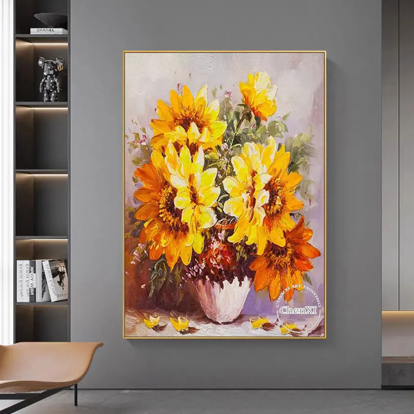 

Красивая картина ваза подсолнухи ручная роспись большая панель картина маслом палитра нож текстура холст искусство для отеля