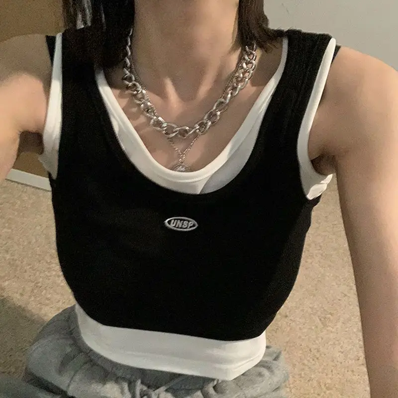 

Y2k топы, майка для девушек из искусственного двух предметов, спортивный жилет, футболка с высокой талией и открытыми пупками, жилет в эстетич...