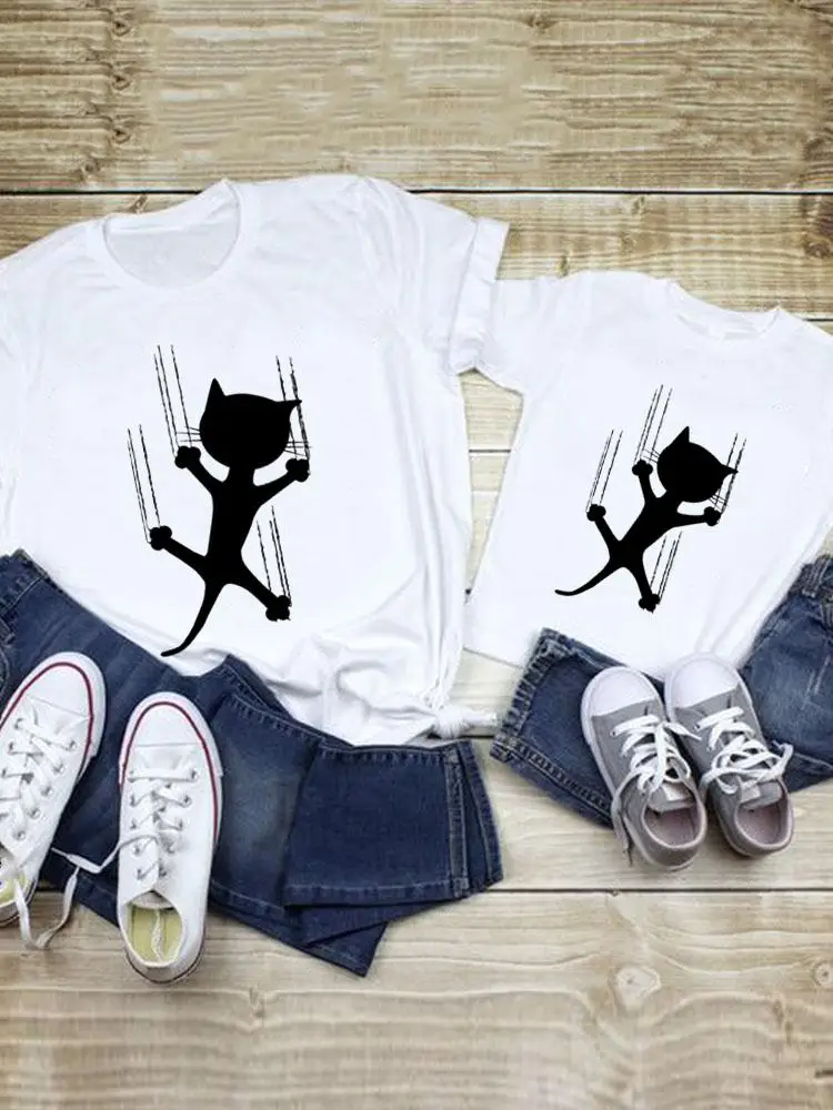 

Tee Boy Girl Cat Love 90s Family Matching Outfits Women Kid Child Summer Mom Mama Mother Graphic T-shirt Clothes Clothing