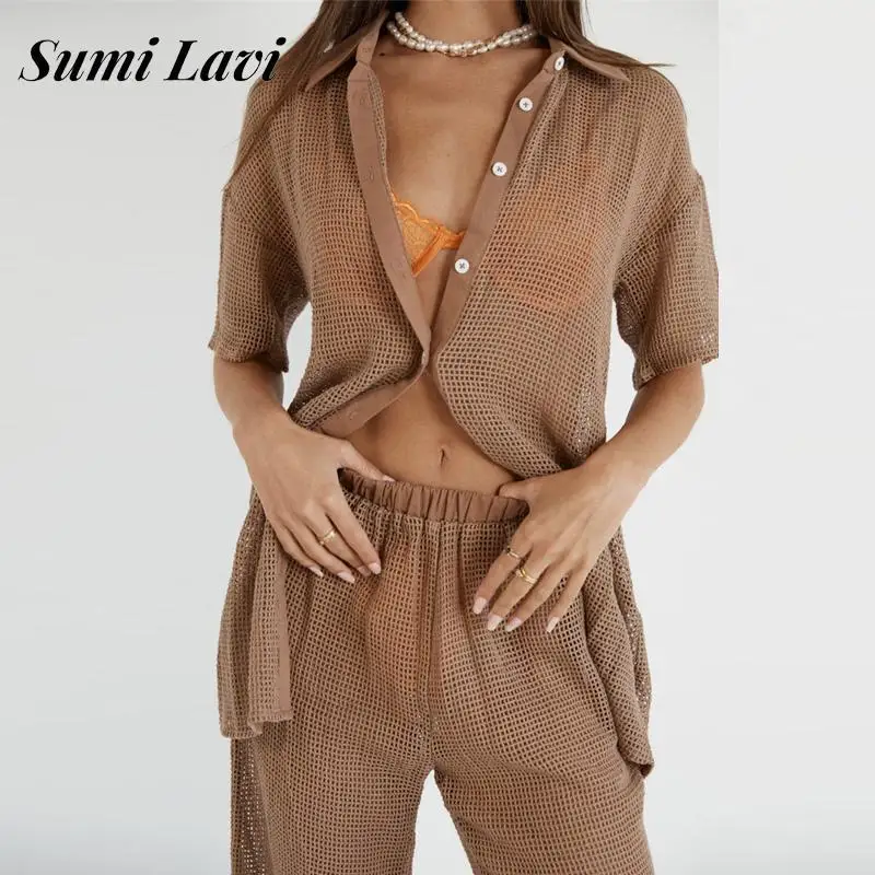 

Sexy See Through Beach Cover Up Two Piece Set Summer Shirts Tops + Long pants two-piece Set Women Solid Bikini Mesh Cover-up Set