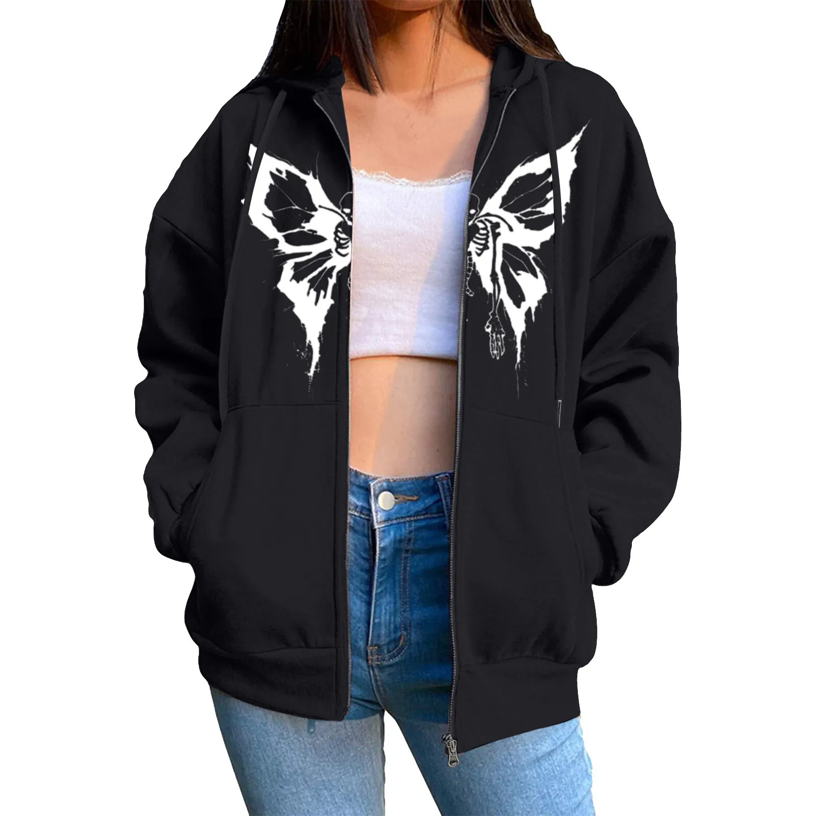 

Y2k Hoodies Women Gothic Butterfly Print Black Zip Up Oversized Sweatshirts Long Sleeve Loose Jackets Harajuku Hooded Hoodies