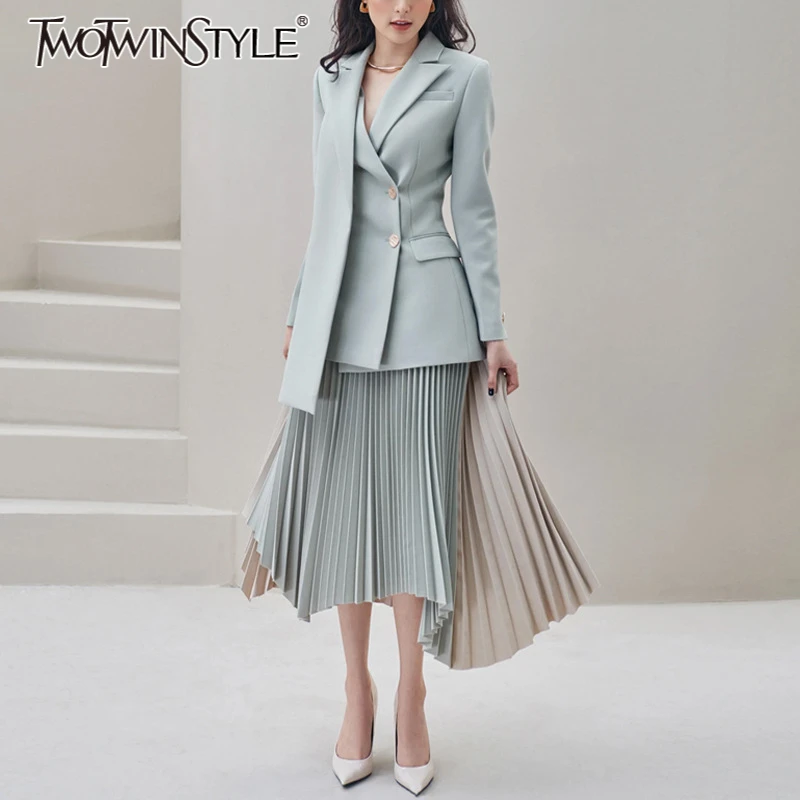 Фото TWOTWINSTYLE комплект из двух предметов для женщин, однобортный пиджак с лацканами и длинными рукавами, женская юбка в стиле пэчворк с высокой талией №1