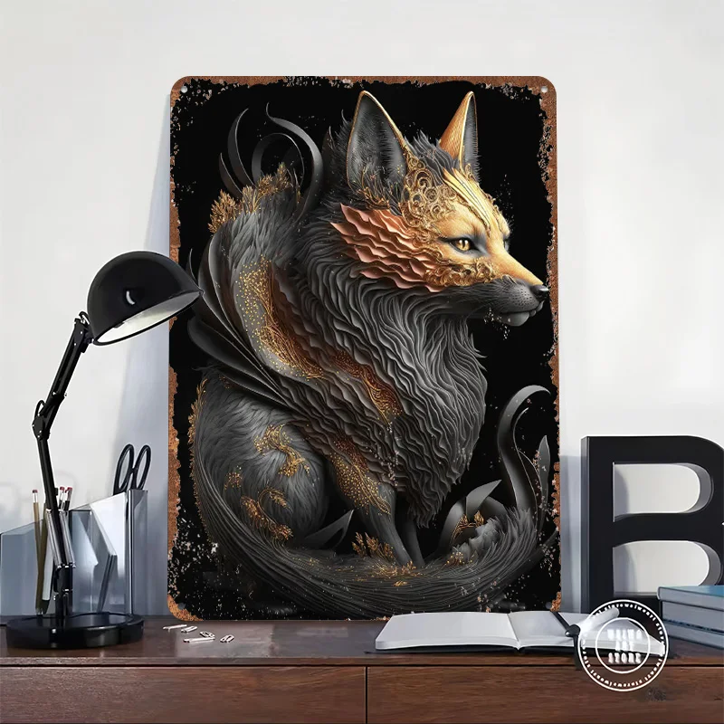 Фото Металлическая табличка Fire Fox Golden Art Deco: винтажный постер из жести, ретро-декор для ванной комнаты и украшения стен №2