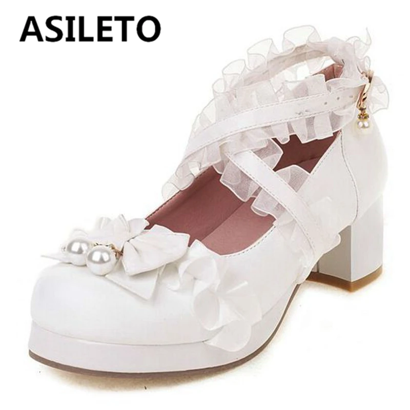 

ASILETO Women's Platform Pumps Round Toe Block Heels Buckle Strap Bowtie Pearl Lolita Big Size 30-48 Black Sweet Spring S3272