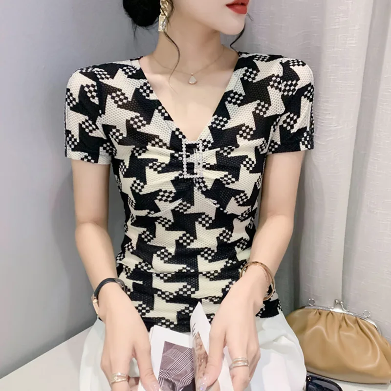 

New 2022 Summer Short Sleeved Women's T-Shirt Fashion Casual V-Neck Print Hot Diamond Mesh Tops Elegant Slim Blusas