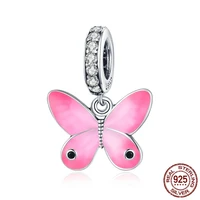 enamel pink butterfly 925 sterling silver charm pendant fit original silver bracelet girls diyjewelry bead designer in bulk