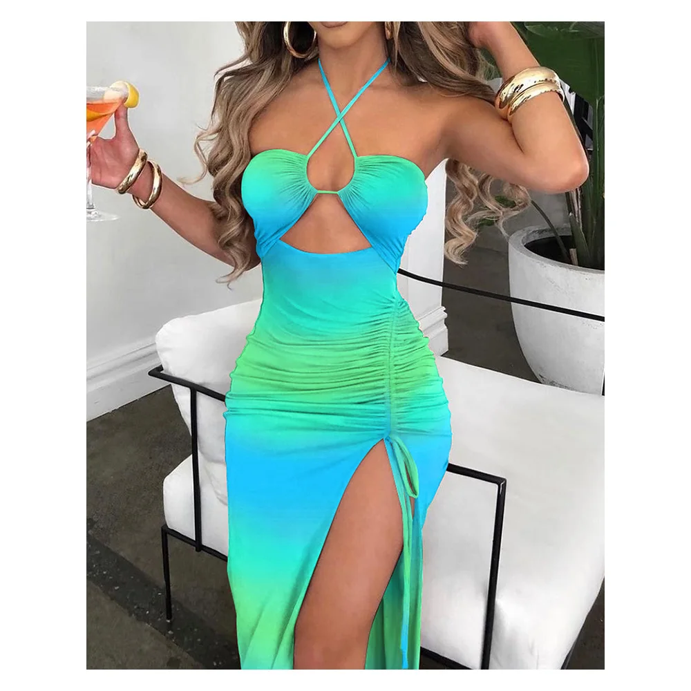 

Summer Women Sexy Ombre Cutout Drawstring Ruched High Slit Dress 2022 New Femme Maxi Bodycon Sexy Outfits Lady Robe Clothing tra