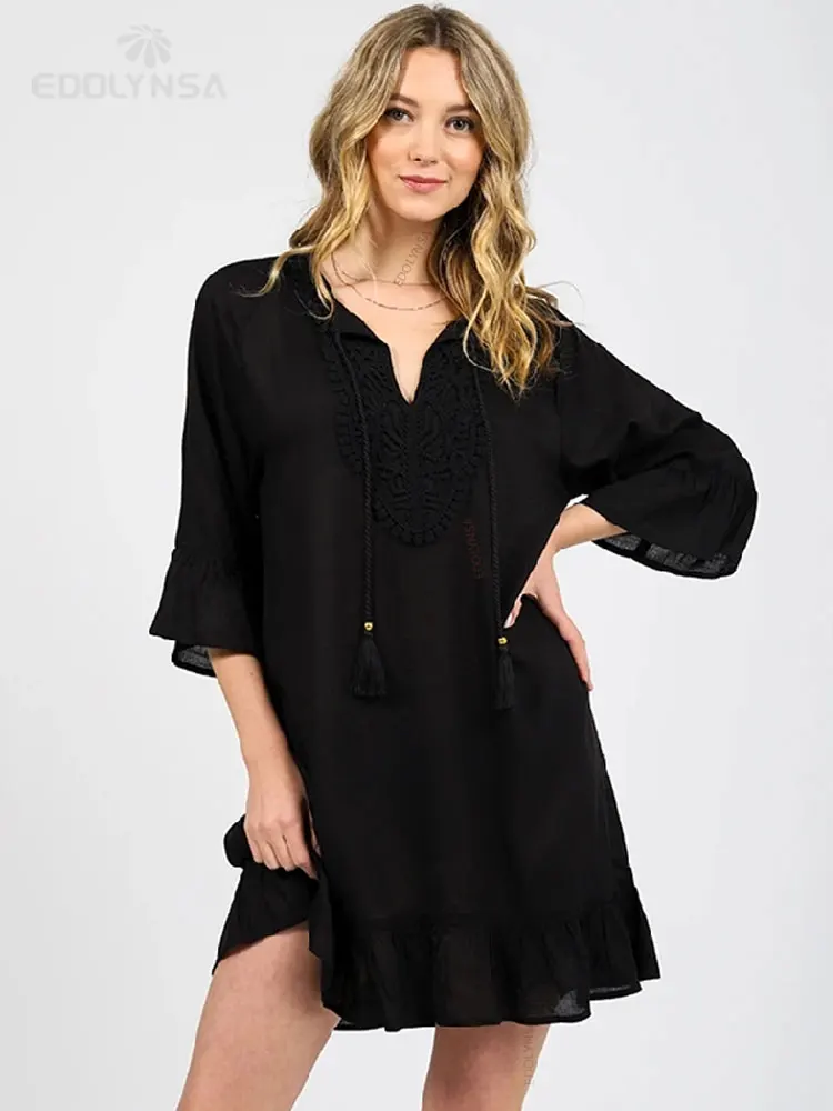 

2022 Sexy White Cotton Tunic Casual V-neck Tassel Ruffed Summer Beach Dress Plus Size Women Beachwear Party Mini Dresses Q1080