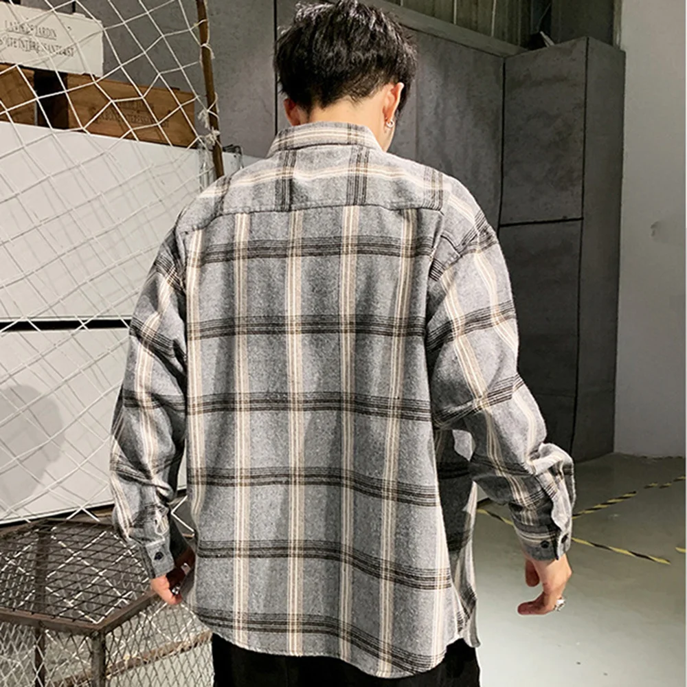 Covrlge Trendy Plaid Shirts for Men Loose Fashion Long Sleeve Shirts Men Lapel Causal Shirts Stand Collar Male Streetwear MCL363