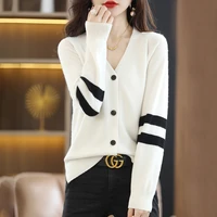womens v neck spring and autumn new button cardigan sweater womens korean style fashion loose coat 100 wool knitted sweater