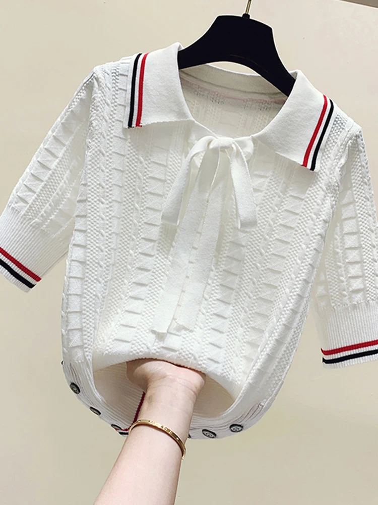 

Leisure sweater 2022 summer new knit short-sleeved shirt lapel thin t-shirt Han fashion women's clothing