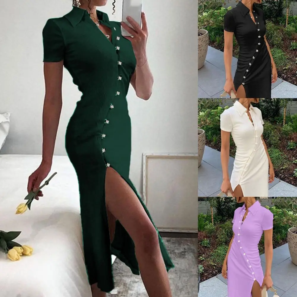 

2020 Short Sleeve Buttons Patchwork Slit Sexy Dress Autumn Winter Women Fashion Streetwear Outfits Party Elegant Wear